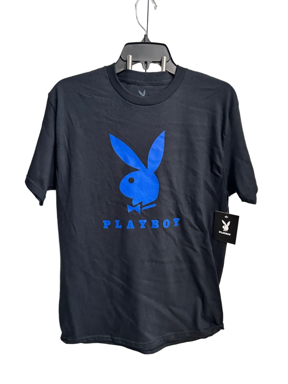 PLAYBOY Black Tee with Light Blue Bunny Print